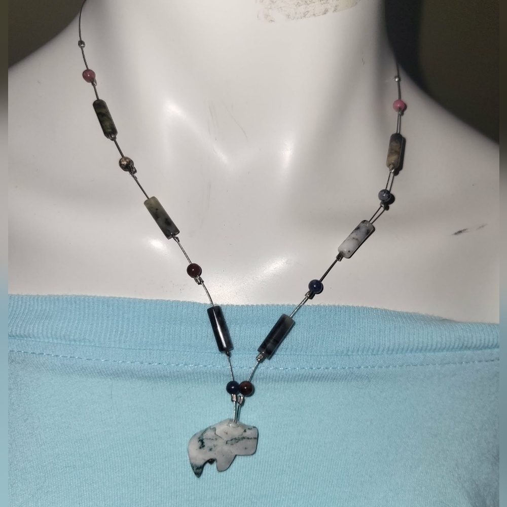 Vintage Wire Neckace With Semi Precious Stones  And Bison Shaped Pendant